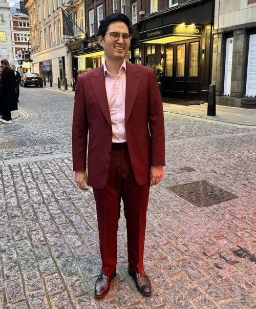 Burgundy lounge suit with pink shirt in London