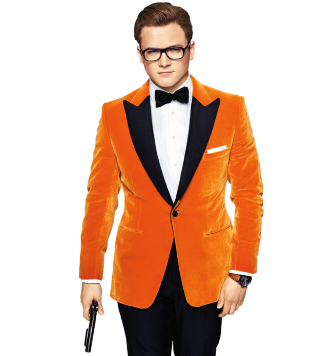 Orange velvet bespoke jacket from Kingsman worn by Taron Egerton